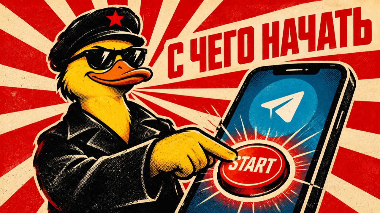 Утка нажимает кнопку Start в Telegram